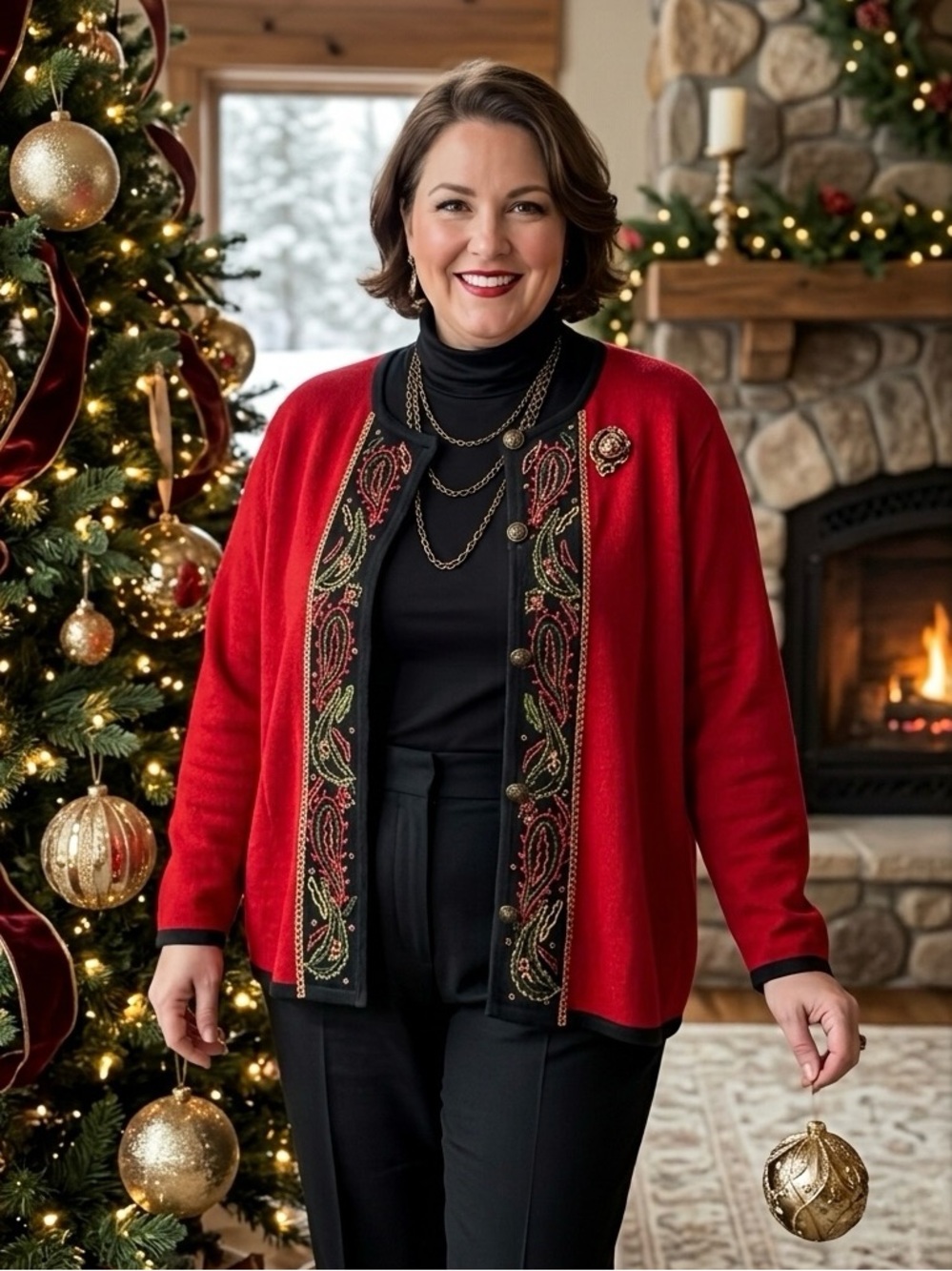 Vintage 90s Koret Embroidered Paisley Cardigan Sweater Red Plus Size 3X Woman